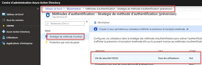 Image Centre d'administration Azure Active Directory Activation de la clé ou carte FIDO2 sur Azure Active Directory pour authentification forte