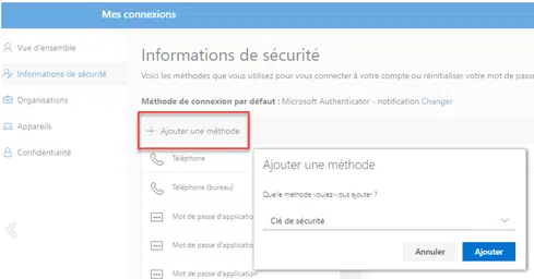 Image Informations de sécurité Microsoft Activation de la clé ou carte FIDO2 dans son propre portail Microsoft
