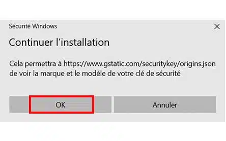 Continuer l'installation clé FIDO U2F
