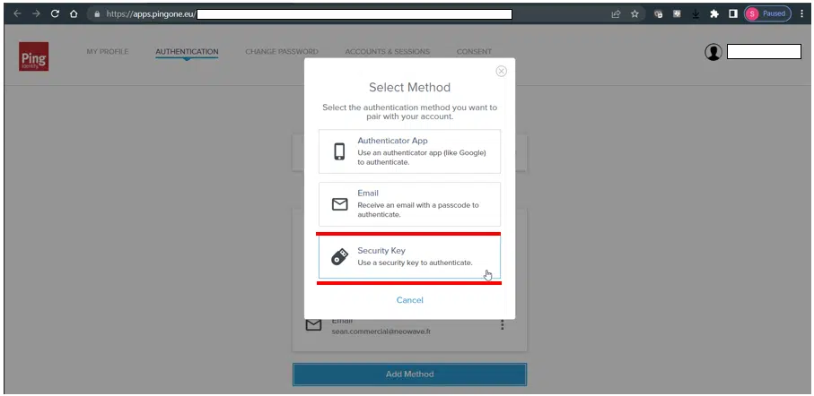 Etape 2 bis – Select security key Ping Identity