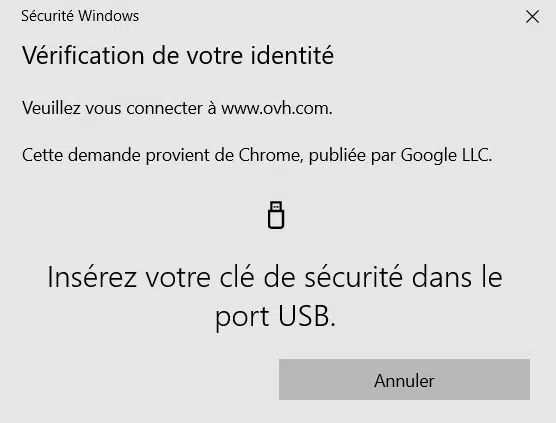 Futures connexions - Insérez votre clé de sécurité pop up OVHcloud Futures connexions – Insérez votre clé de sécurité pop up OVHcloud