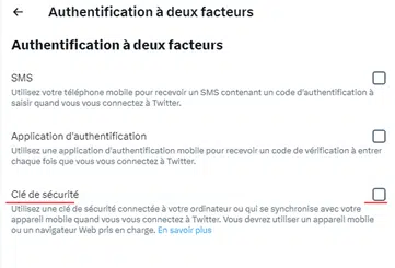 Choix Clé de sécurité pour authentification à deux facteurs Twitter