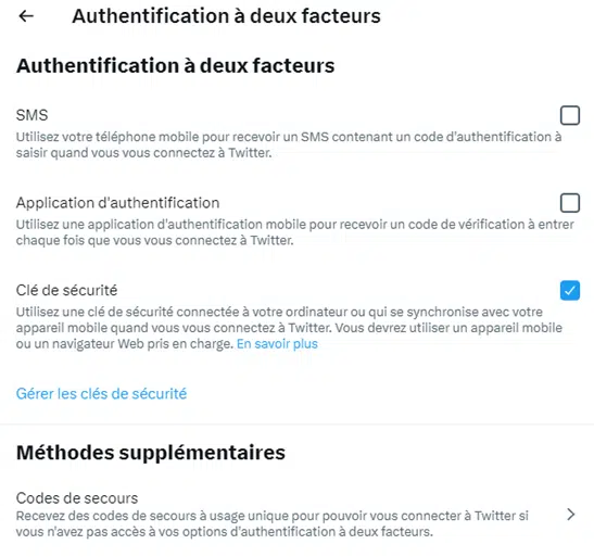 Gérer les clés de sécurité sous Authentification à deux facteurs sur Twitter