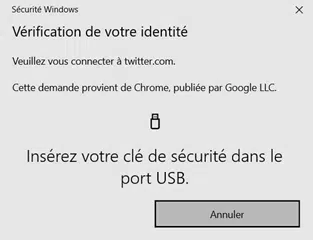 Vérification de votre identité Twitter avec insertion de clé de sécurité