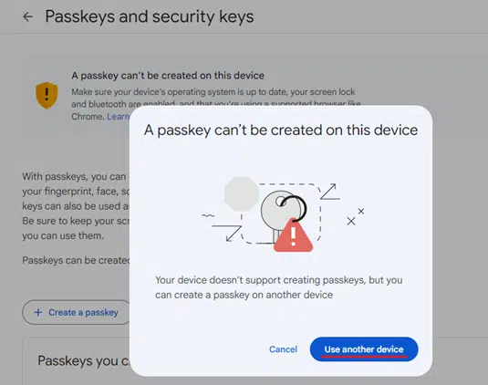 Pop-up Clé d'accès sur Google - utiliser un autre appareil