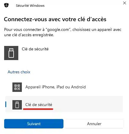 Image 20 – Connexion avec clé de sécurité